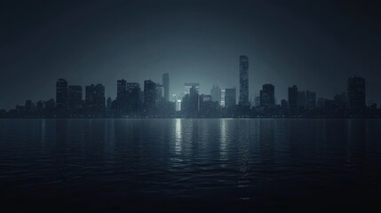 Fototapeta premium Dark City Skyline at Night with Reflections on Water and Silhouetted Buildings Against a Mysterious Fog in a Quiet Urban Landscape