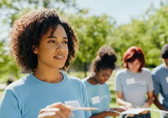 Fototapeta premium Young woman volunteer wearing blue t-shirt holding wooden stick outdoors with her teammates working in the background