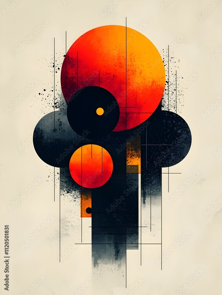 Poster a striking abstract composition featuring large red and orange circles interspersed with black circu