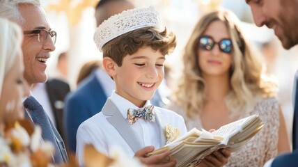 Joyful boy celebrating bar mitzvah with family and friends,World Religion Day