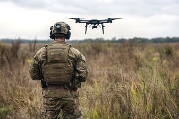 Soldier wearing camouflage uniform and protective gear operating a drone during a military operation in an open field, showcasing the integration of unmanned aerial vehicles in modern warfare
