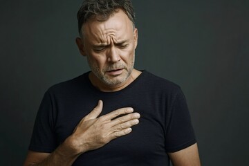 Middle-aged man gripping his chest in pain against a gray background, struggling to breathe and showing signs of a possible heart attack or serious medical condition