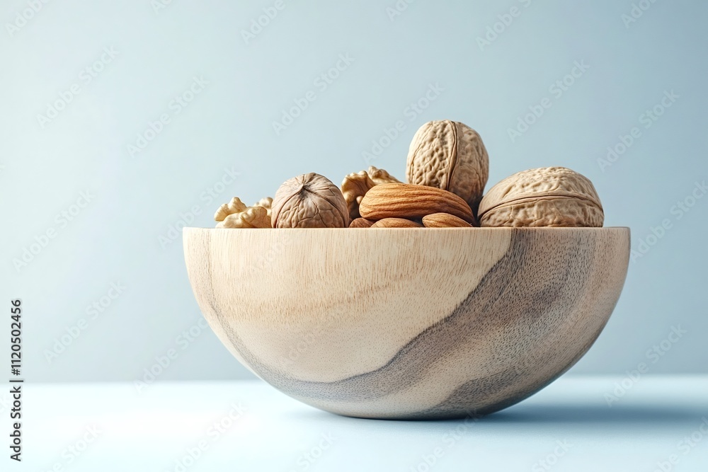 Poster walnuts and almonds overflowing from a wooden bowl create a visually appealing display against a lig