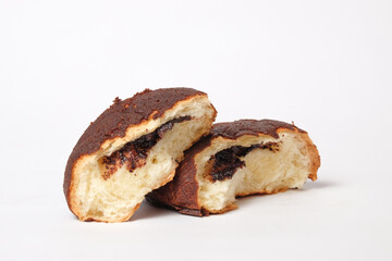 Close up of chocolate brownie bread on isolated white background.Close up of chocolate brownie bread on isolated white background. Selective focus tightening.Sweet and tender taste.Copy space.food and