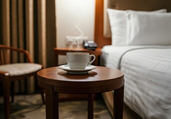 Aromatic coffee is steaming on a small table in a cozy hotel room, creating a relaxing atmosphere