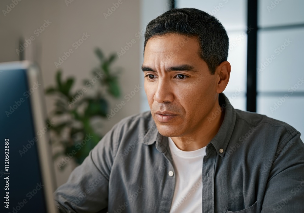 Poster focused employee is concentrating while working on a computer in an office setting, demonstrating de