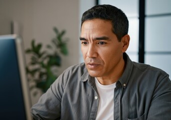 Fototapeta premium Focused employee is concentrating while working on a computer in an office setting, demonstrating dedication and productivity