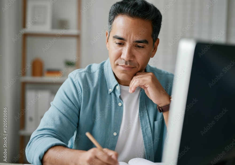Poster man taking notes while looking at computer screen, working remotely from home