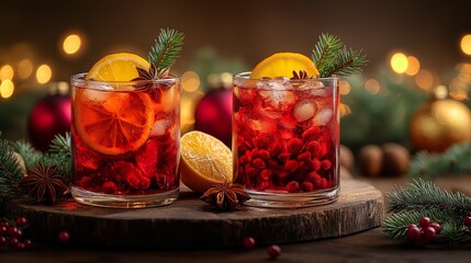 Festive Holiday Drinks with Cranberries and Oranges in Warm Light