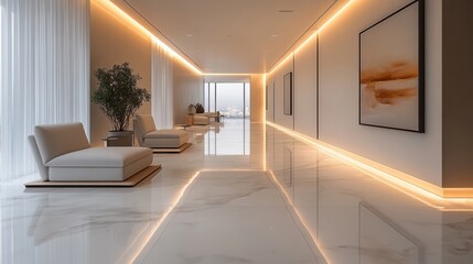 A beautifully designed modern interior hallway, featuring luxurious furnishings and ambient lighting with a serene atmosphere and stylish decor elements.