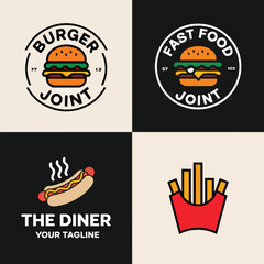 food logo for burger and hamburger sandwich fast food restaurant, burger pizza illustration icon