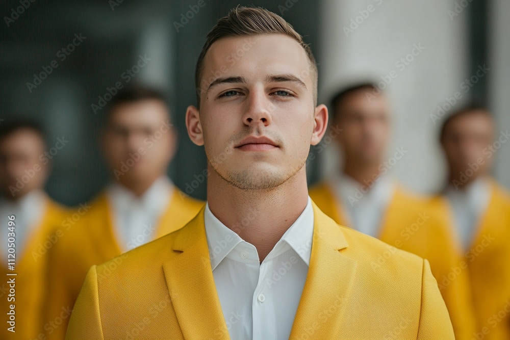 Poster a man in a yellow suit stands in front of a group of men in yellow suits. unique or different concep