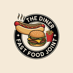 food logo for burger and hamburger sandwich fast food restaurant, burger pizza illustration icon