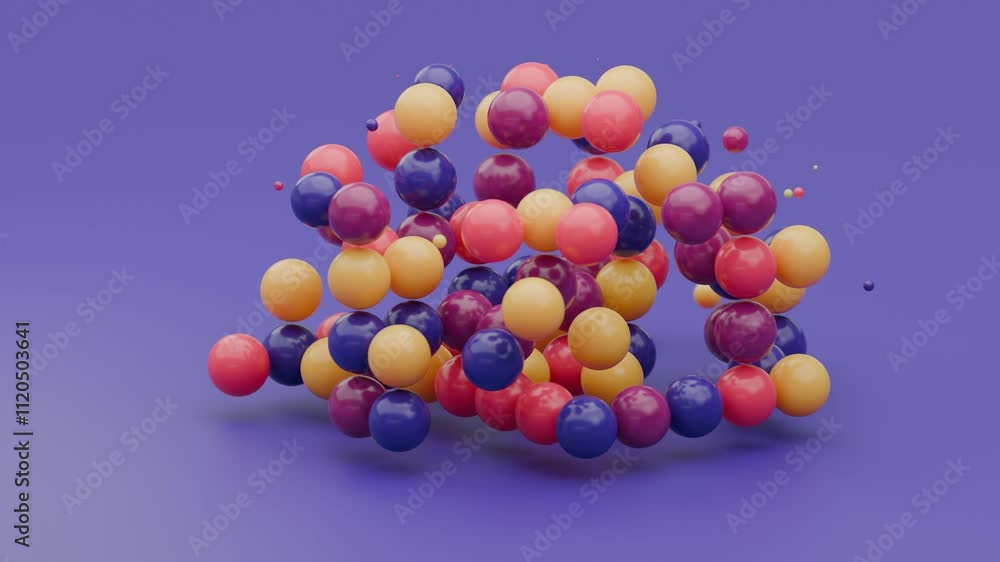 Poster looping 3d animation of a multitude of multicolored balls that appear and disappear above the surfac