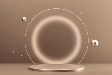 A sophisticated minimalist podium design with subtle mocha and mousse tones and floating spheres. Demonstrating color of 2025 year.