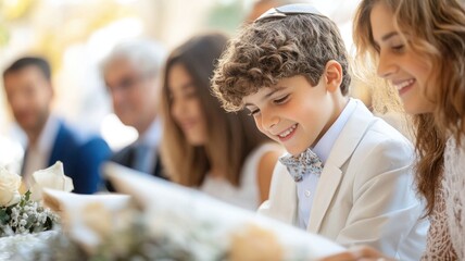 Joyful bar mitzvah celebration: boy in white suit reading torah with family