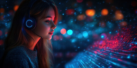 AI-Driven Motivational App Interface with Woman Using Headphones for Personalized Experience