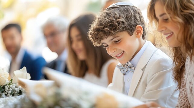 Joyful bar mitzvah celebration: boy in white suit reading torah with family