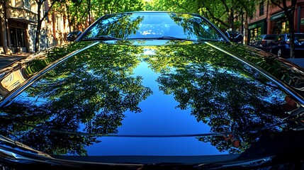 Shiny car hood reflecting vibrant green trees and blue sky on a sunny day.