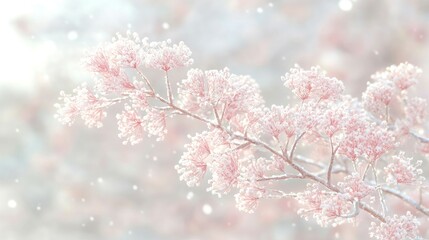 Naklejka premium Delicate pink winter flowers covered in frost with soft bokeh background for seasonal decoration and nature photography showcasing serene beauty and tranquility