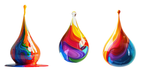 Set of colorful drop of paint shaped like a water droplet, isolated on transparent background