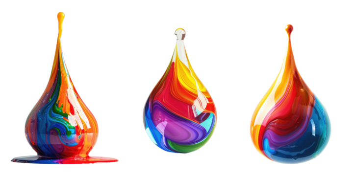 Set of colorful drop of paint shaped like a water droplet, isolated on transparent background