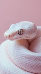 Fototapeta premium Closeup of a cute harmless pink holographic snake against bokeh and glitter background. Rainbow snake with scales surrounded by bubbles, soft focus, ethereal setting. Symbol of 2025