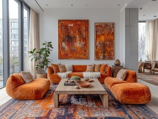 A beautifully designed contemporary living room showcasing vibrant orange furnishings and abstract wall art in a modern urban setting.