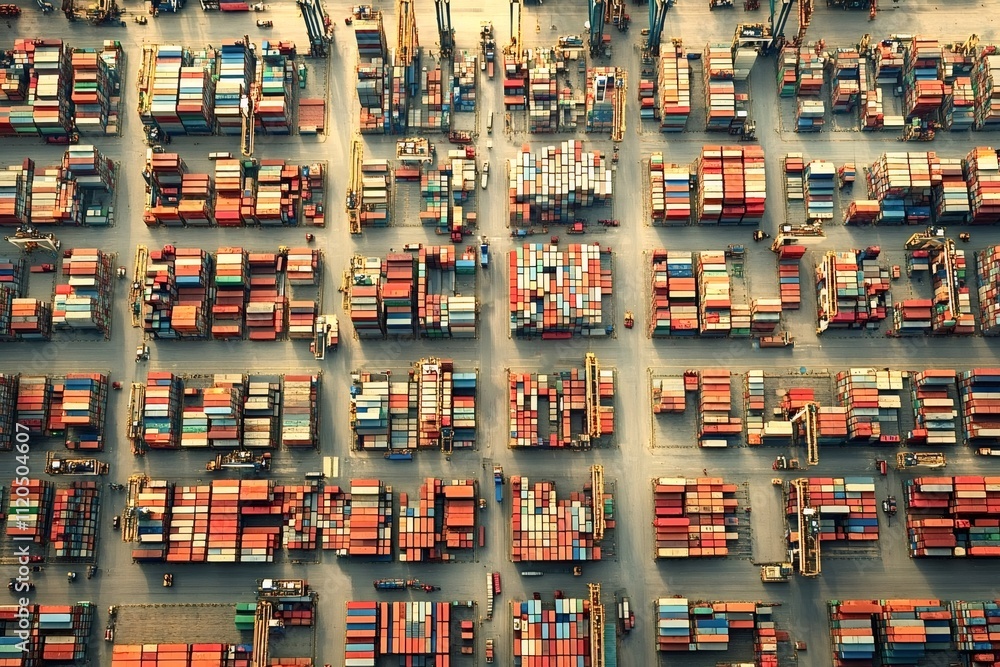 Poster colorful cargo containers neatly arranged at a logistics hub form an abstract, geometric pattern whe