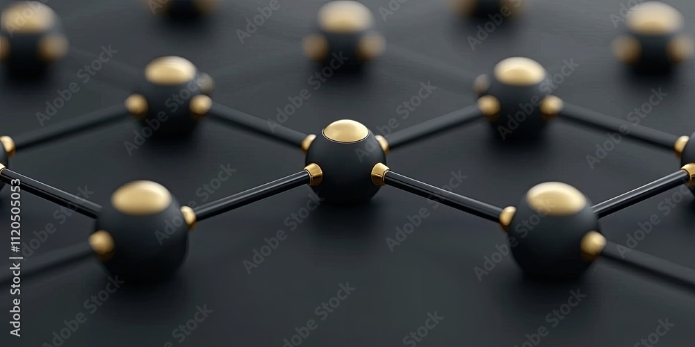 Poster abstract 3d model of molecular structure featuring black and gold spheres connected by rods in a min