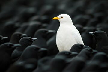 A white bird stands out in a flock of black birds. Unique or different concept