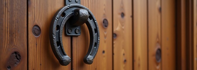 Iron horseshoe door knocker on wooden door with textured grain