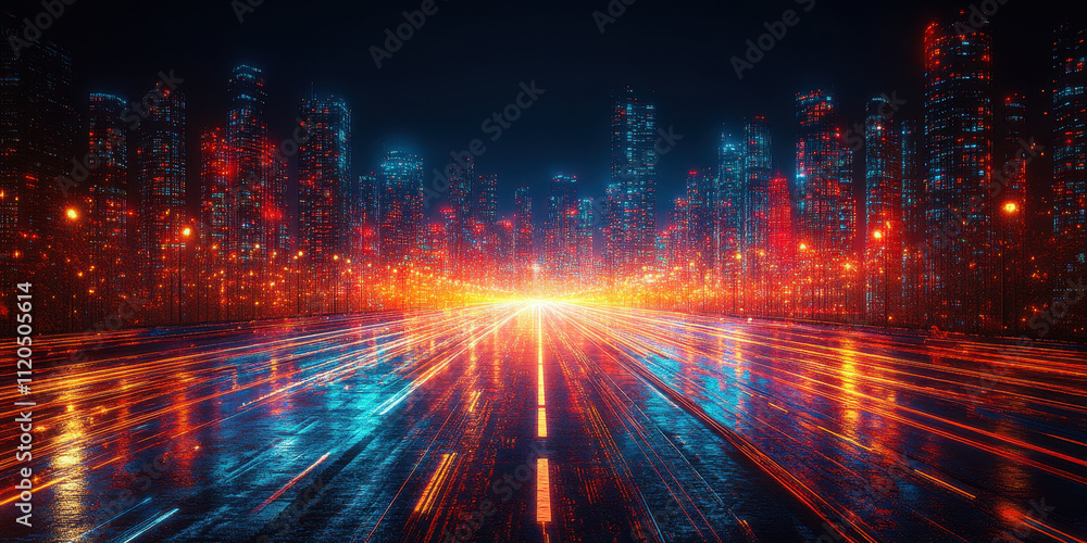 Poster futuristic urban cityscape with high-speed data flow on digital network