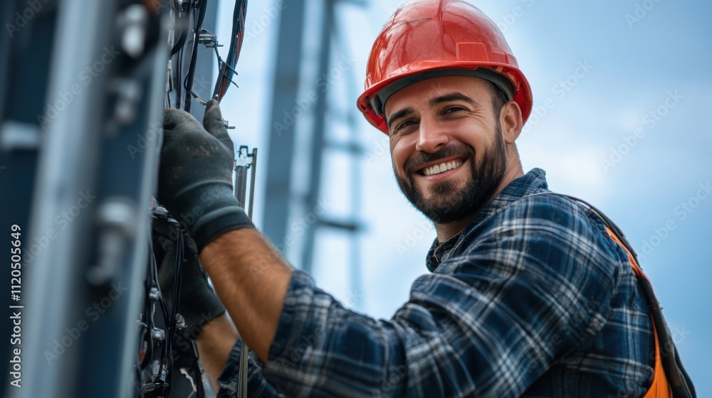 Poster happy technician smiling while working on power lines during a sunny day with blue sky in the backgr