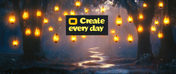 Magical Forest with Hanging Lanterns and Inspirational Message Create Every Day at Night