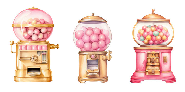 Set of  pink and gold bubblegum machine, isolated on transparent background