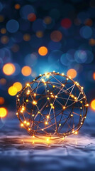 Abstract Wire Sphere with Glowing Lights and Bokeh on Dark Background, Perfect for Festive or Futuristic Themes