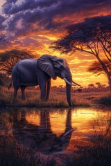 Fototapeta premium Majestic Elephant by a Tranquil Waterhole Under a Vibrant Sunset in the Savannah