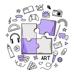 Puzzle pieces in focus surrounded by art and hobby icons like paintbrush, camera, and headphones, on white, creativity concept. Vector illustration