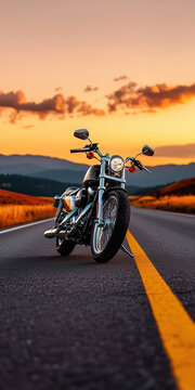 Vintage Motorcycle Parked on Open Road at Sunset with Scenic Mountain View and Dramatic Sky