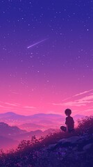 Fototapeta premium Silhouette of a Person Contemplating a Starry Night Landscape. Vibrant Anime Illustration.