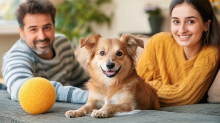 Fototapeta na wymiar Happy family relaxing with adorable dog on sofa at home