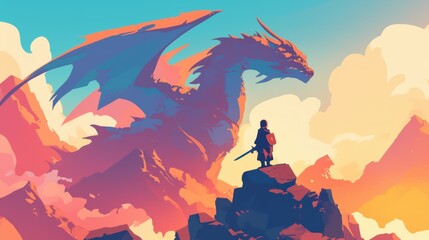 A lone warrior facing a colossal dragon amidst a vibrant sunset landscape. Vibrant Anime Illustration.