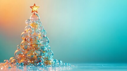 Festive Christmas Tree of Delicate Bubbles, Topped with a Sparkling Star, on a Colorful Background