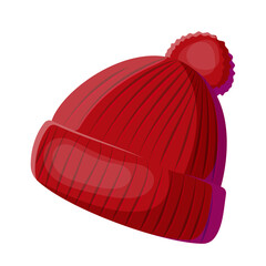 Bright red knitted winter hat with pompom, shown in a stylized graphic style on a white background. Warm clothing concept. Vector illustration