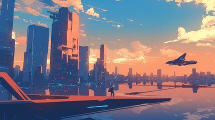 Futuristic Cityscape at Sunset with a lone Figure and Aircraft. Vibrant Anime Illustration.
