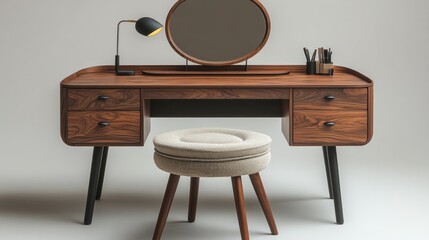 Mid-century modern vanity set with round mirror, stool, and desk lamp.
