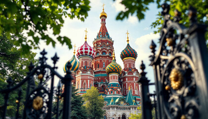Obraz premium Majestic Russian Orthodox cathedral with vibrant domes, framed by lush greenery and a wrought iron gate.