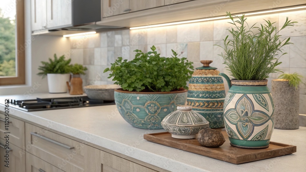 Poster decorative accents such as potted greenery and handcrafted pottery sit strategically on the counters