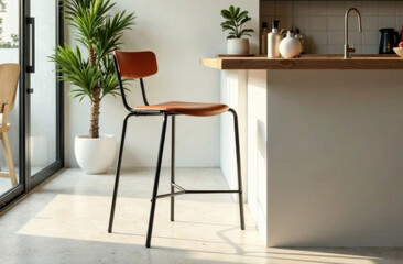 Fototapeta premium Modern cafe bar stool with wooden seat at minimalist counter